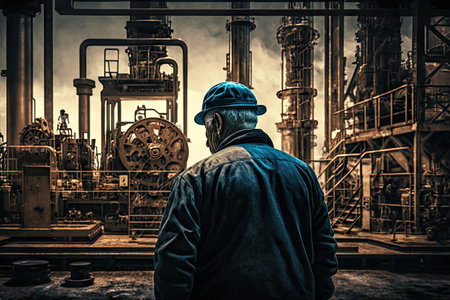 working at oil pumps man watching process of pumping oil, created with generative aiの素材