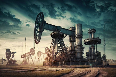 large number of factory oil pumps and pipelines, created with generative aiの素材