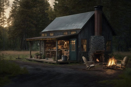 an old garage converted into a cozy cabin with a wood-burning stove and adirondack chairs out front, perfect for relaxing in the great outdoors., created with generative aiの素材