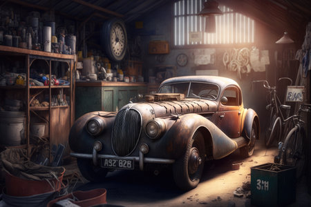 a vintage car parked in a spacious and well-lit garage, surrounded by tools and other relics of the past., created with generative aiの素材