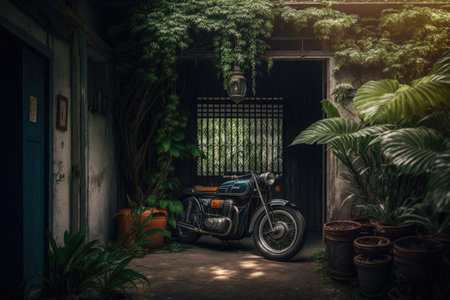 a vintage car or motorcycle in a beautifully restored garage, with greenery growing up the walls., created with generative aiの素材