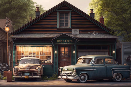 an old garage that has been transformed into a cozy home, with vintage cars still parked inside and their hoods open., created with generative aiの素材