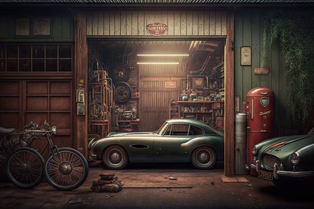 an old garage with a collection of vintage cars and motorcycles, including a classic ferrari and rolls royce., created with generative aiの素材