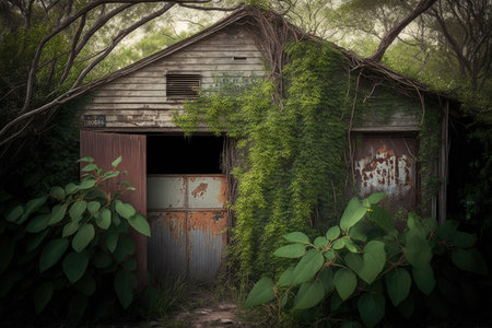 a decrepit old garage with peeling paint and rusted metal, surrounded by overgrown vegetation., created with generative aiの素材