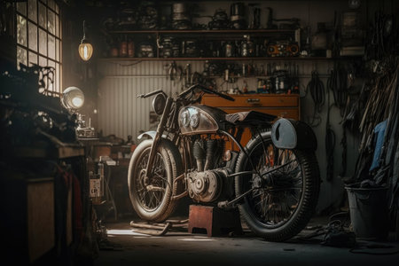 a vintage motorcycle in a brightly lit garage, surrounded by old car parts and tools., created with generative aiの素材