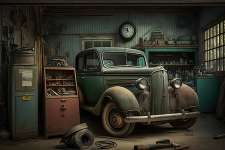 an old garage with a vintage car, tools, and other artifacts from the past., created with generative aiの素材