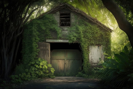 an old garage with a rusty metal door and an overgrown driveway, created with generative aiの素材