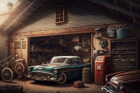 an old garage with a collection of vintage cars, including classic vehicles and other unique finds., created with generative aiの素材