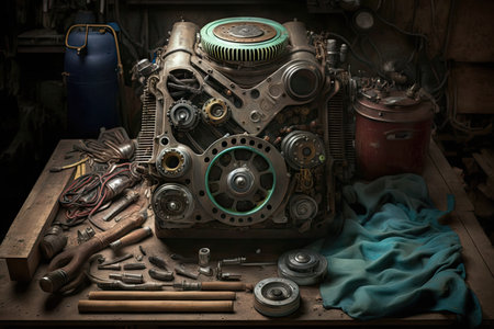 a close-up of an old car engine in a garage, with tools and parts scattered around, created with generative aiの素材