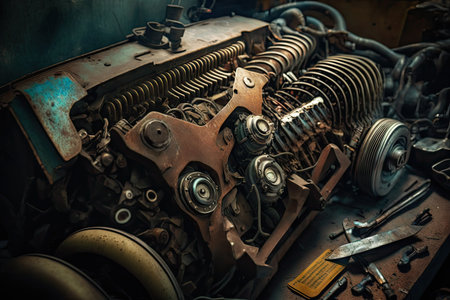 a close-up of an old car engine in a garage, with tools and parts scattered around, created with generative aiの素材