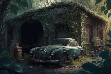an old garage with a vintage car parked inside, surrounded by greenery, created with generative aiの素材
