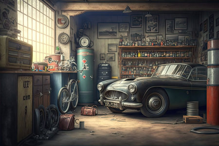 an old garage with a vintage car parked inside, surrounded by classic cars and memorabilia., created with generative aiの素材