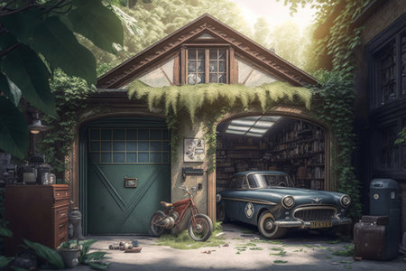 an old garage with vintage cars and tools, surrounded by greenery, created with generative aiの素材