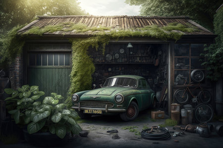 an old garage with vintage cars and tools, surrounded by greenery, created with generative aiの素材