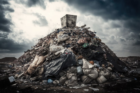 heap of rubbish in form of stack at dump site overflowing garbage, created with generative aiの素材