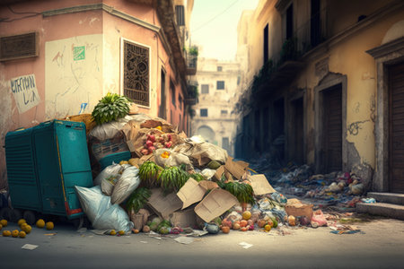 overflowing garbage heap in street after bacchanalia, created with generative aiの素材