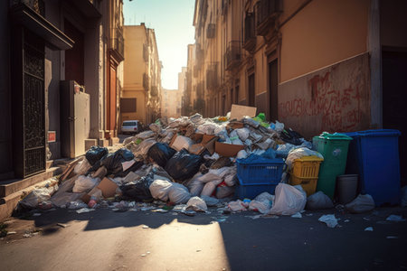 overflowing garbage heap in street after bacchanalia, created with generative aiの素材
