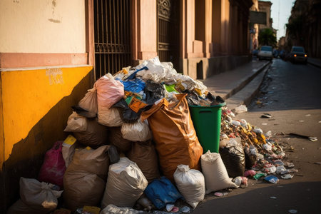 overflowing garbage heap in street after bacchanalia, created with generative aiの素材