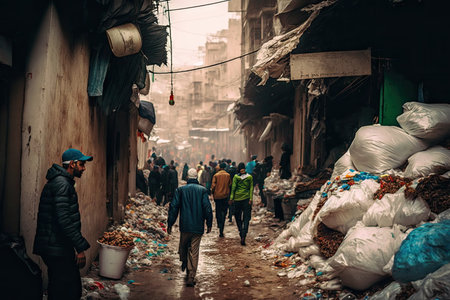 people walking along street among overflowing garbage and dirty junk, created with generative aiの素材