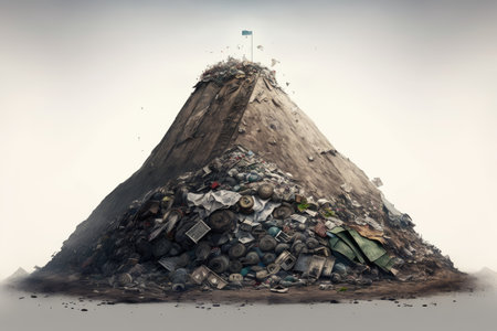 large mountain of junk and overflowing garbage in dirty ground, created with generative aiの素材