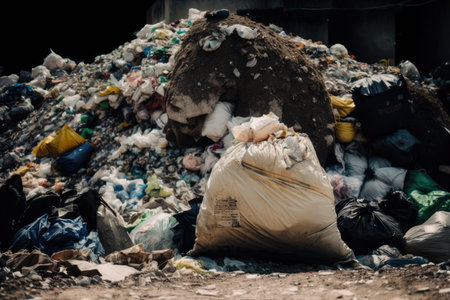 heaps of dirty garbage and waste in pile on soil overflowing garbage, created with generative aiの素材