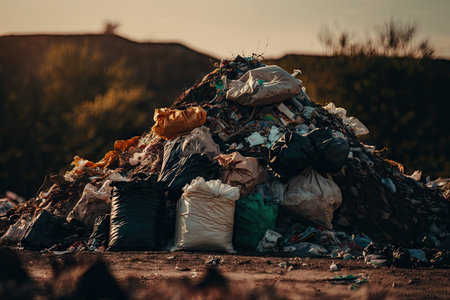 heaps of dirty garbage and waste in pile on soil overflowing garbage, created with generative aiの素材