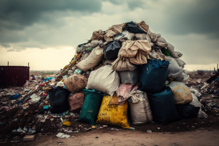 heaps of dirty garbage and waste in pile on soil overflowing garbage, created with generative aiの素材