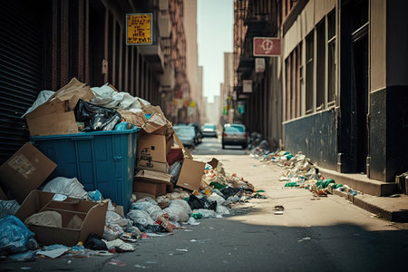 piles of trash and litter in streets overflowing garbage, created with generative aiの素材