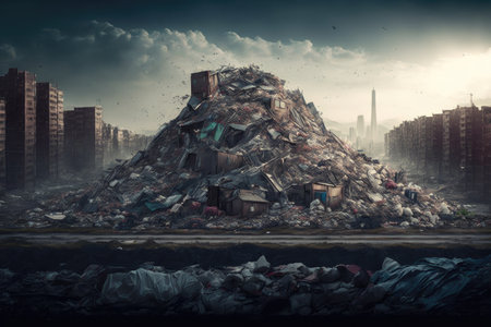 disturbed urban landscape in form of overflowing garbage dump, created with generative aiの素材