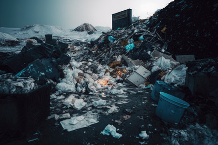 plastic garbage and trash on dump site overflowing garbage, created with generative aiの素材