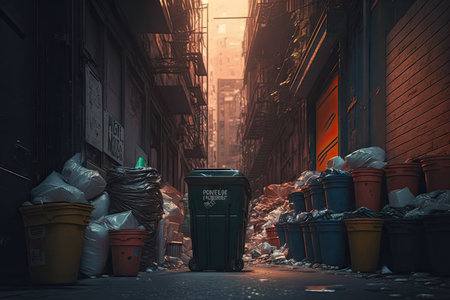 street bins with overflowing garbage in citys dirty alley, created with generative aiの素材