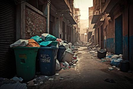 street bins with overflowing garbage in citys dirty alley, created with generative aiの素材