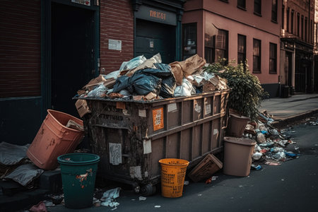 dumpster and filled with trash whole street overflowing garbage, created with generative aiの素材
