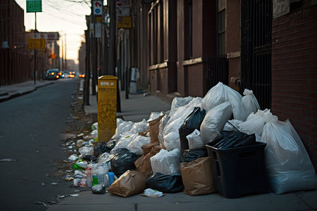 street littered with plastic bags and boxes with garbage, created with generative aiの素材
