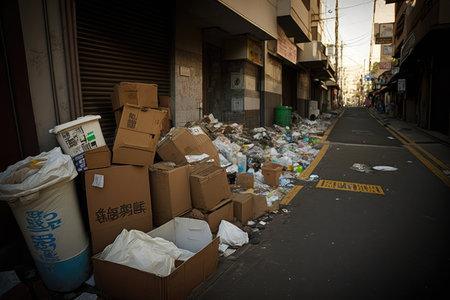 street littered with plastic bags and boxes with garbage, created with generative aiの素材