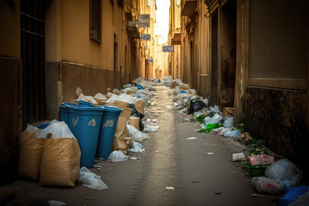 street littered with plastic bags and boxes with garbage, created with generative aiの素材