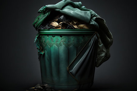 overflowing garbage bin close-up in dark gray green color, created with generative aiの素材