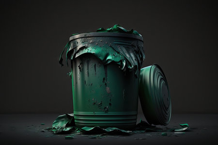 overflowing garbage bin close-up in dark gray green color, created with generative aiの素材