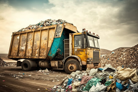 garbage truck dumping garbage at dump site overflowing garbage, created with generative aiの素材