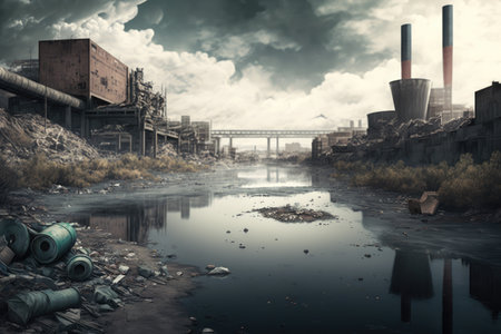 overflowing garbage in form of gray black stream of industrial city, created with generative aiの素材