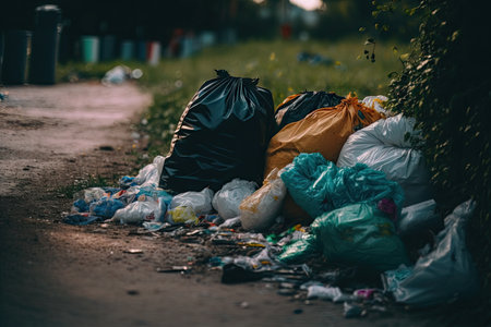 full bags of trash and litter on ground overflowing garbage, created with generative aiの素材