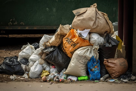 full bags of trash and litter on ground overflowing garbage, created with generative aiの素材