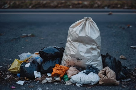 full bags of trash and litter on ground overflowing garbage, created with generative aiの素材