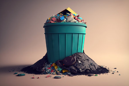 garbage bin with small hill of overflowing garbage, created with generative aiの素材