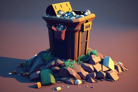 garbage bin with small hill of overflowing garbage, created with generative aiの素材