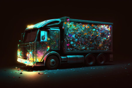garbage truck with flashing lights collecting overflowing garbage, created with generative aiの素材