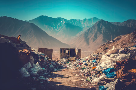 mixed garbage in dump with plastic debris and paper overflowing garbage on background of mountains, created with generative aiの素材