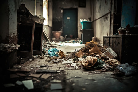 piles of stinking rotting garbage lying on dirty floor overflowing garbage, created with generative aiの素材