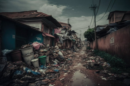 slums in large city and litter from thrown garbage overflowing garbage, created with generative aiの素材