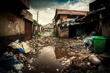 slums in large city and litter from thrown garbage overflowing garbage, created with generative aiの素材